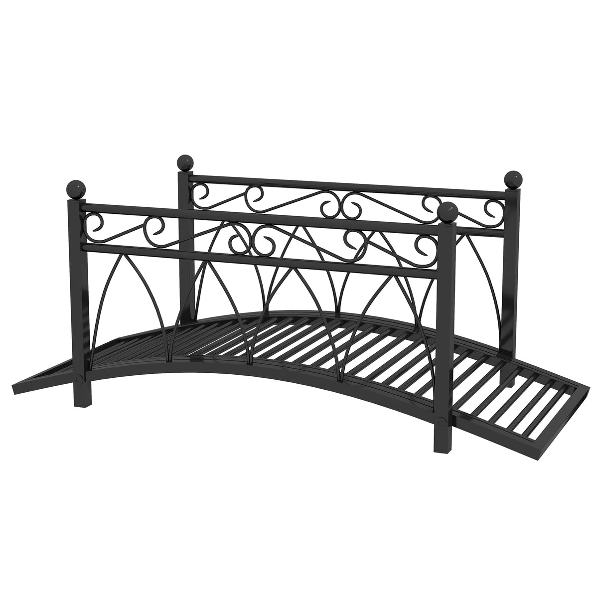 3.3' Metal Garden Bridge, Safety Railings, Spheres, Scrollwork for Pond, Stream