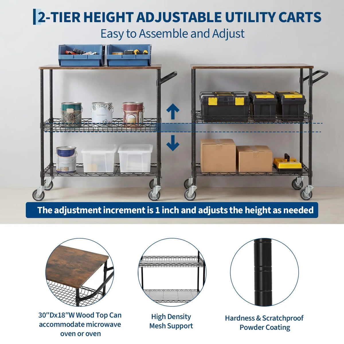 HiMISS 3-Tier Kitchen Island Cart With Locking Wheels