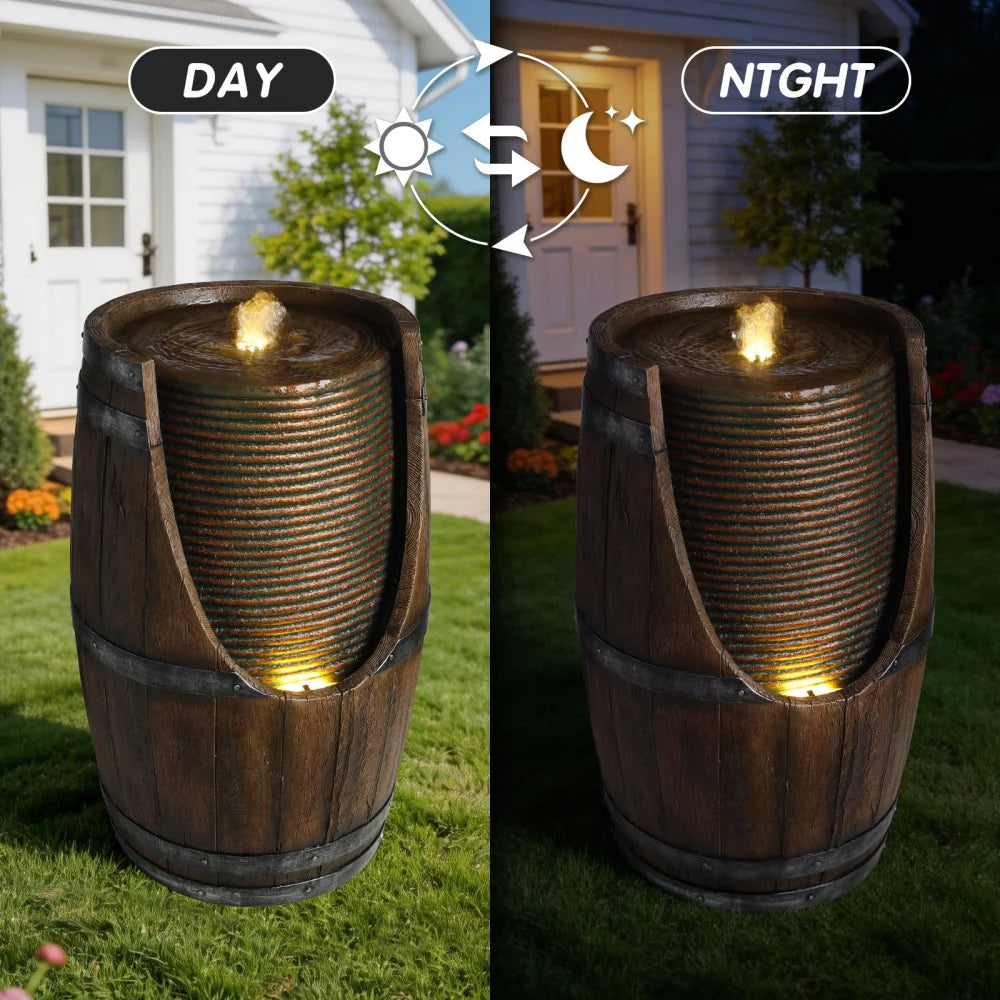 Rustic Resin Outdoor Barrel Water Fountain With Lights