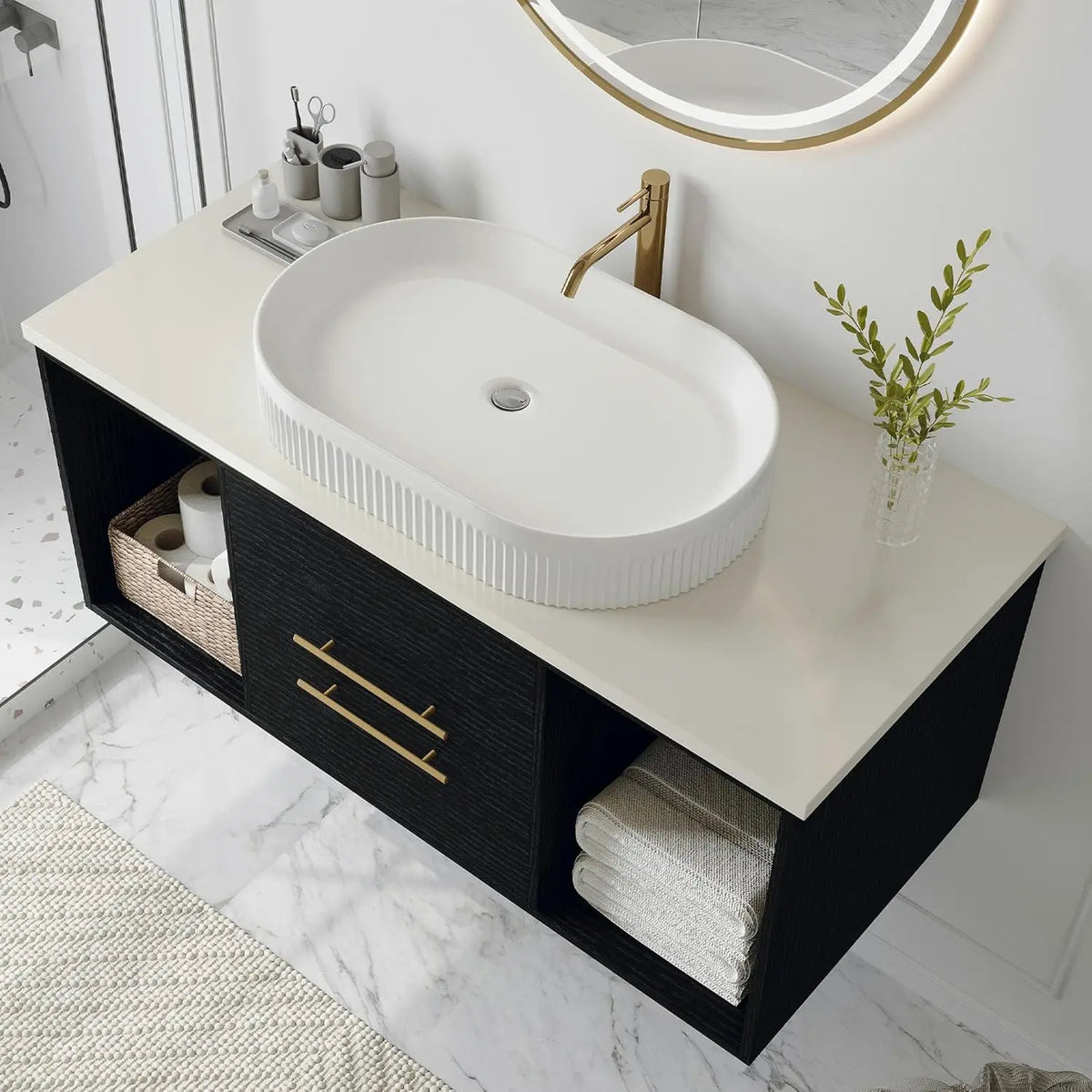Modern Floating Vanity With Ceramic Sink And Wood Cabinet
