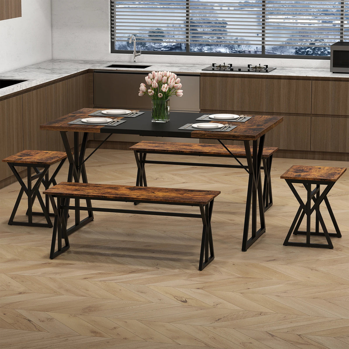 Homasis 5 Piece Dining Set with Benches and Stools