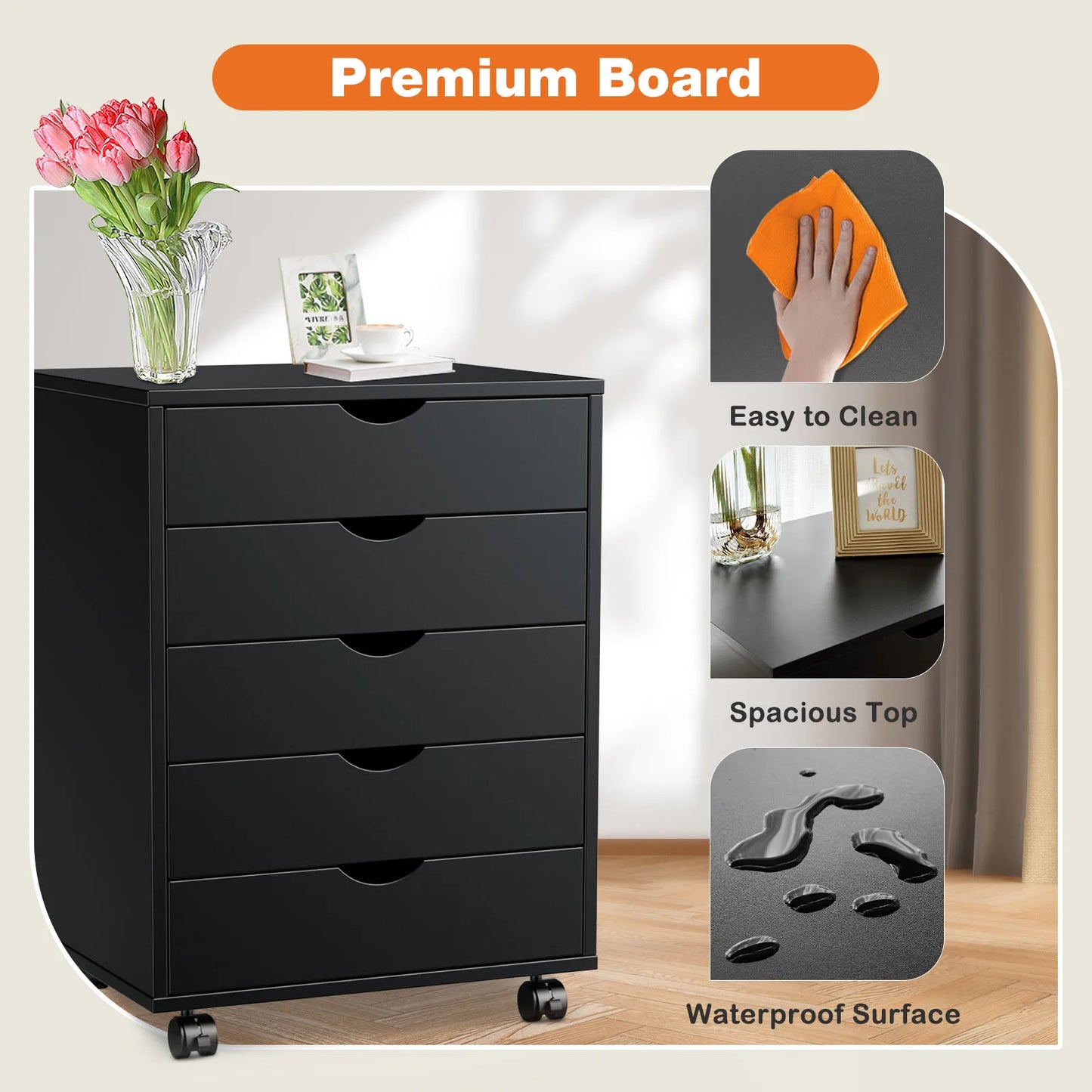 JHK Five Drawer Wood Nightstand Cabinet With Wheels