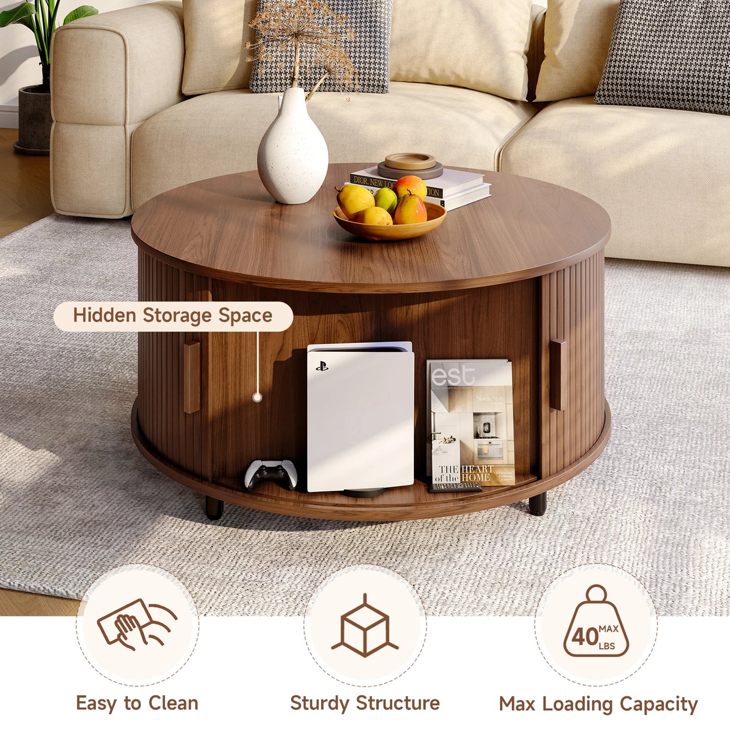 ONBRILL Round Coffee Table With Storage