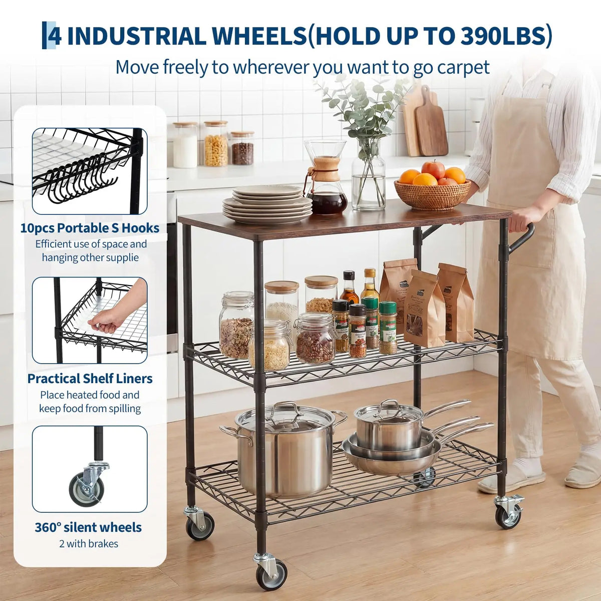 HiMISS 3-Tier Kitchen Island Cart With Locking Wheels