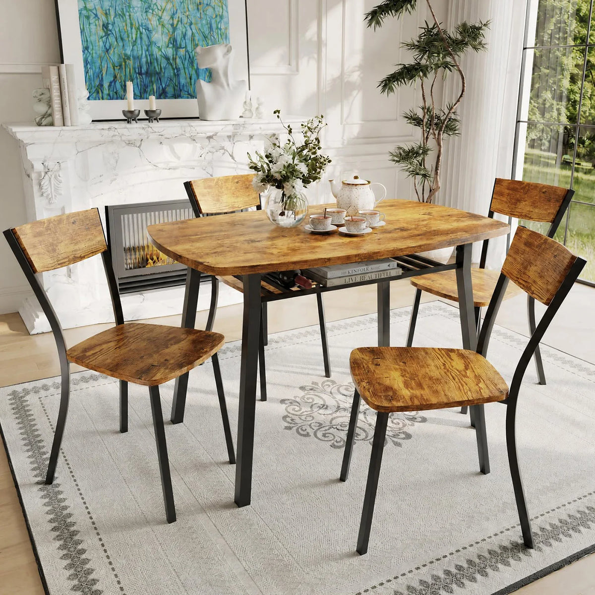 5 Piece Dining Table Set For 4, 43 Inch Kitchen Table And 4 Chairs With Storage Shelf, Space Saving Dining Set For Apartment