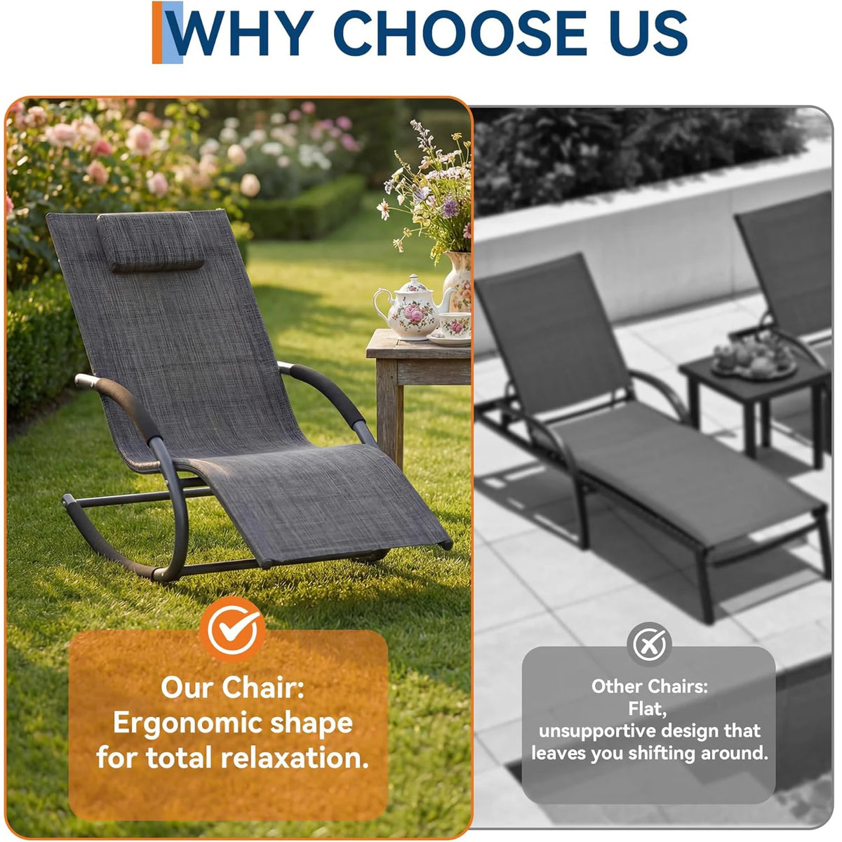 Outdoor Rocking Lounge Chair With Detachable Pillow, Patio Reclining Chaise Chair With Cushion For Porch Garden Lawn Deck Poolside