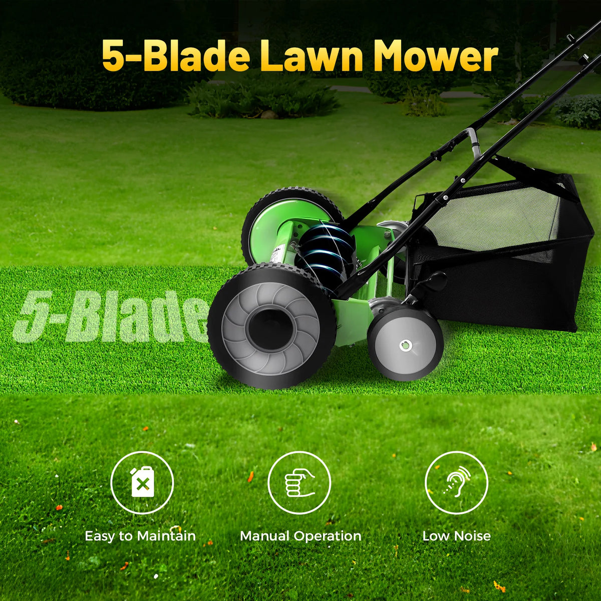 Push Reel Lawn Mower With Grass Catcher Adjustable Height