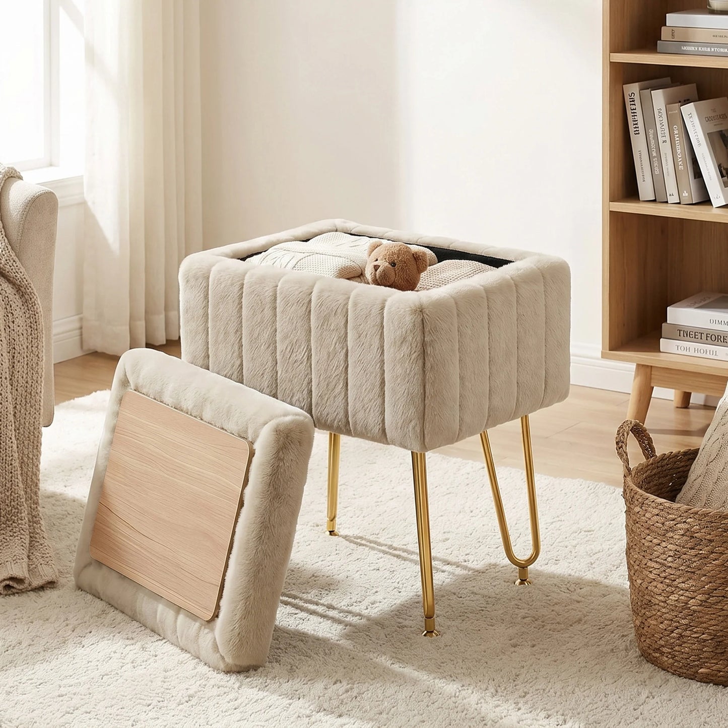 JHK Ottoman Faux Fur Vanity Stool With Storage