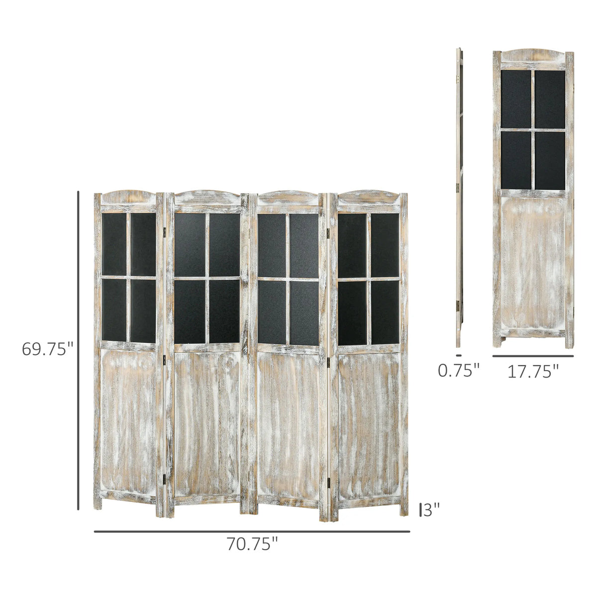 HOMCOM 4 Panel Room Divider, 5.6' Tall Farmhouse Style Folding Indoor Portable Wood Privacy Screen with Black Boards, Hinged Freestanding Partition Wall Dividers for Home Office, Natural