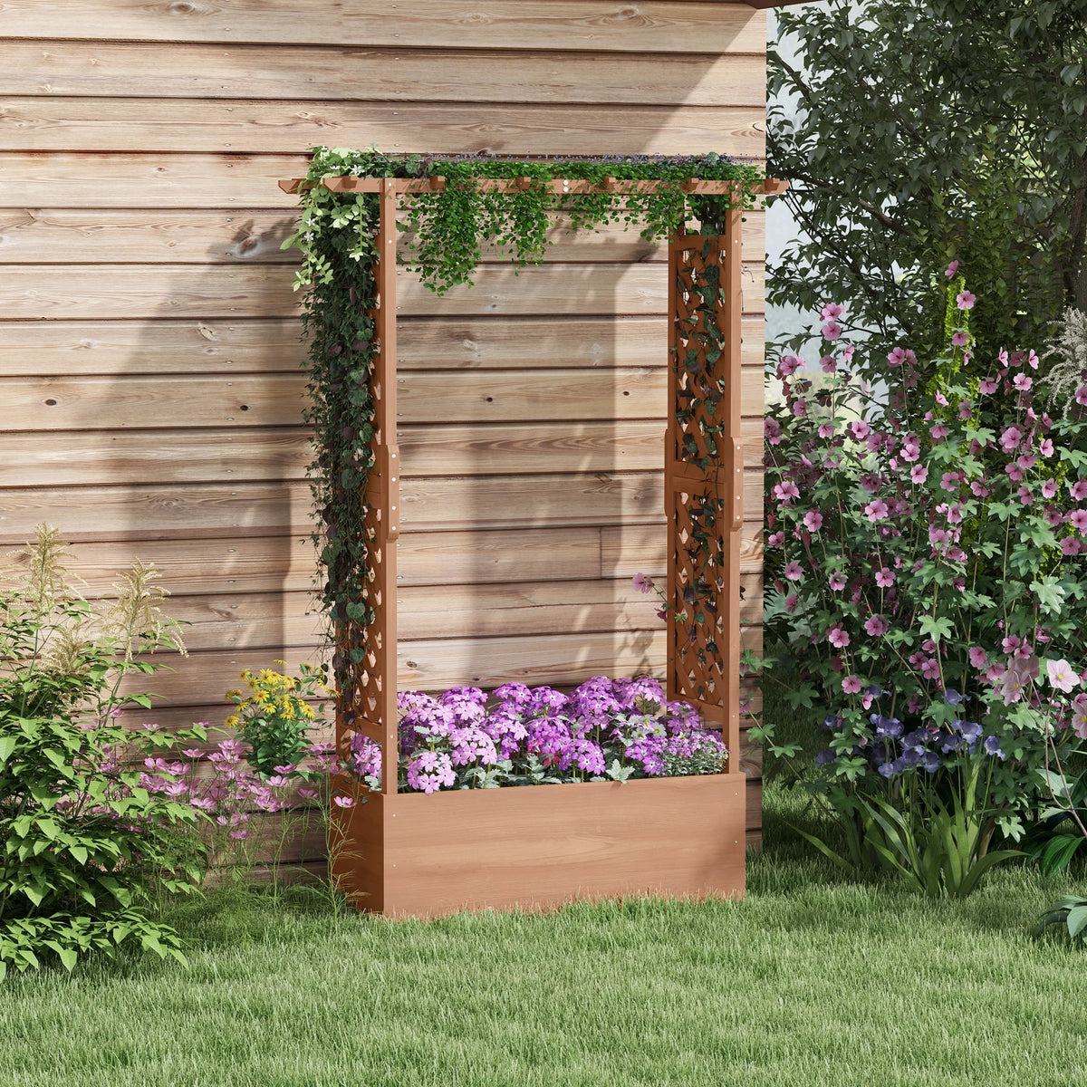70.75inch Elevated Garden Planter with Stand, Hanging Roof, and Drainage Holes