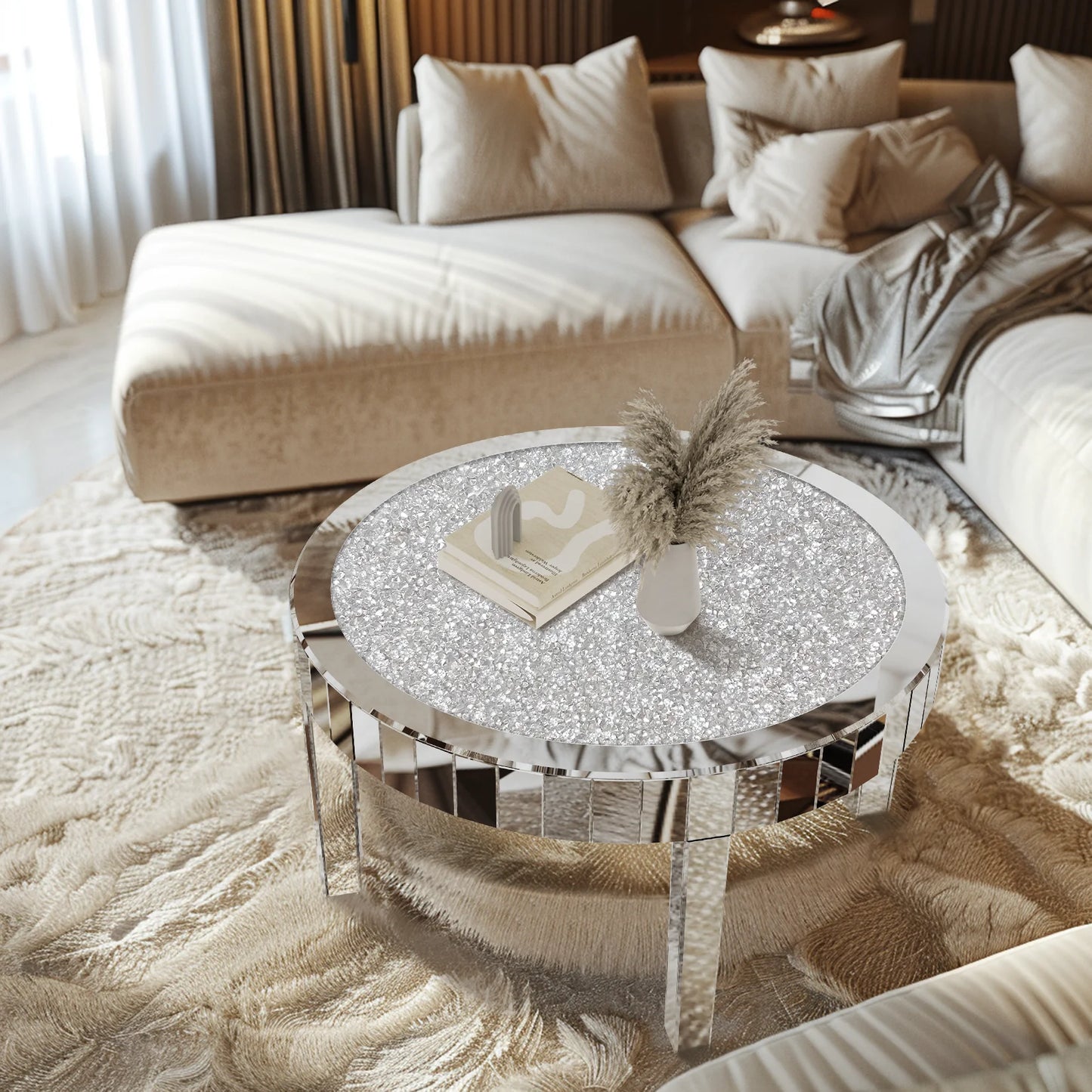 Mirrored Round Coffee Table With Crystal Inlay