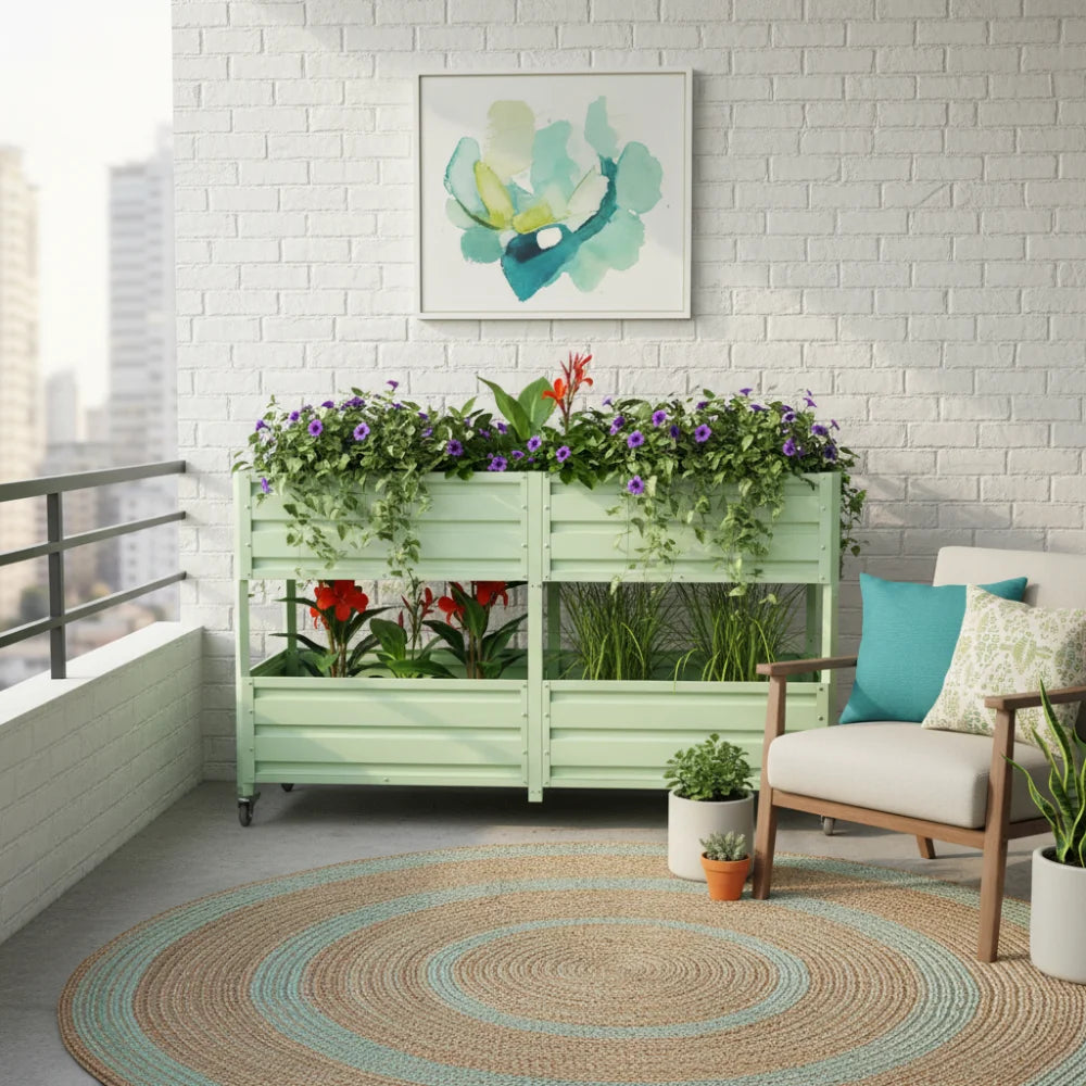 Green Double-layer Elevated Metal Garden Bed with Lockable Wheels, Staggered Double-layer Elevated Flower Pots for Vegetables, Herbs, and Flowers, Outdoor Courtyard and Backyard Green Planting Bed