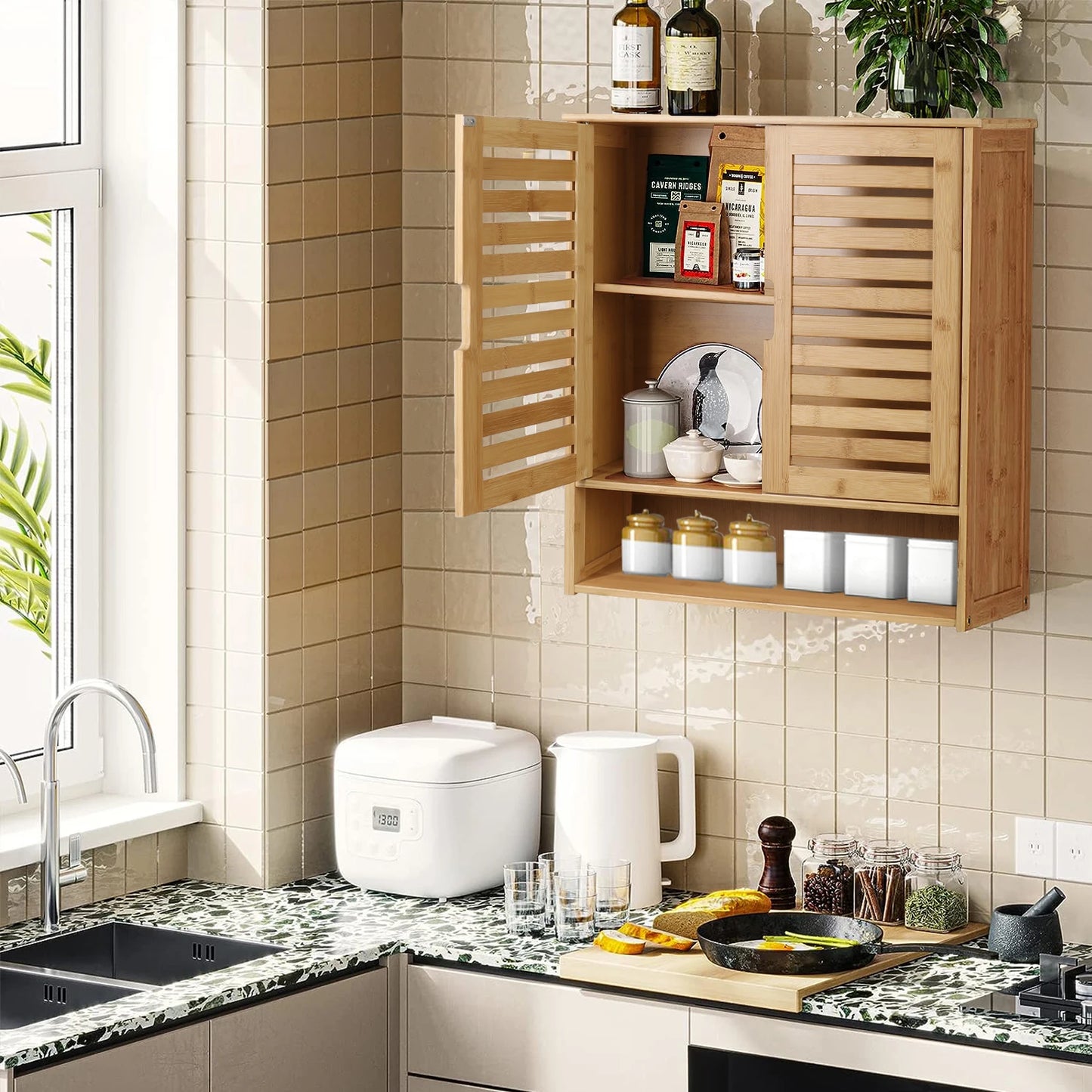 Bamboo Wall Mounted Bathroom Cabinet With Adjustable Shelves