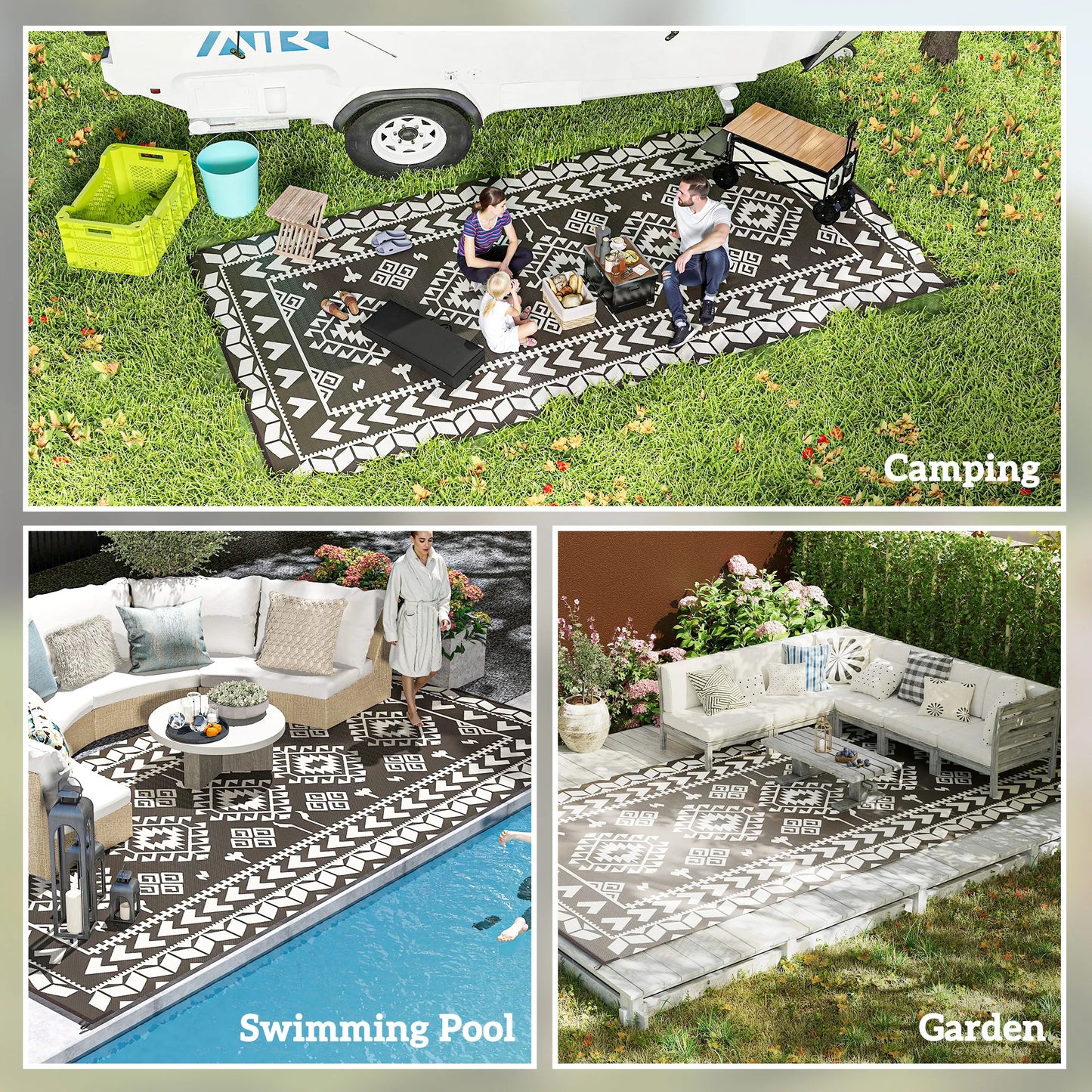 Outdoor Rug, 9' x 18' Floor Mat, Black White Rhombus Patchwork