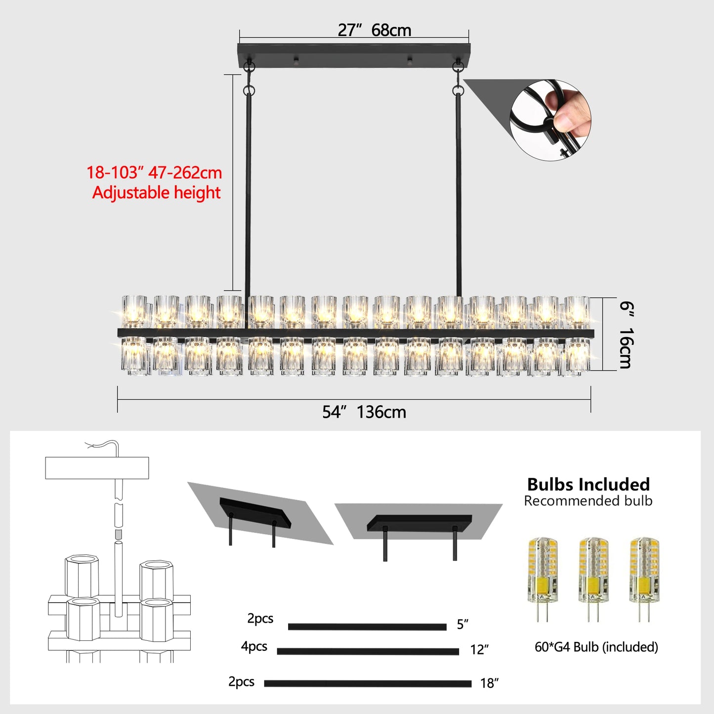 23.6 Inches Luxury Chandeliers Crystal Living Room Bedroom Decorative Lights Simple Modern Dining Room LED Lighting