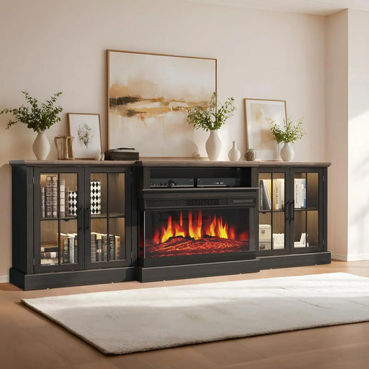 Farmhouse TV Stand With Fireplace And Storage Cabinets