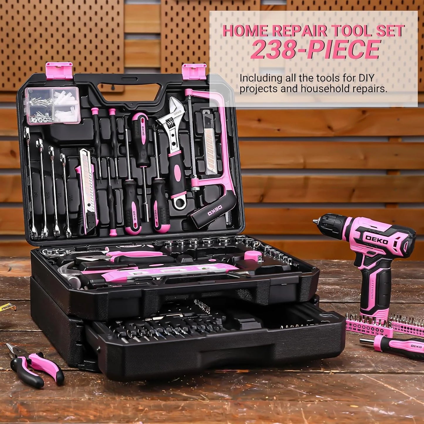 DEKO 12V Cordless Drill And Mechanic Toolbox Kit