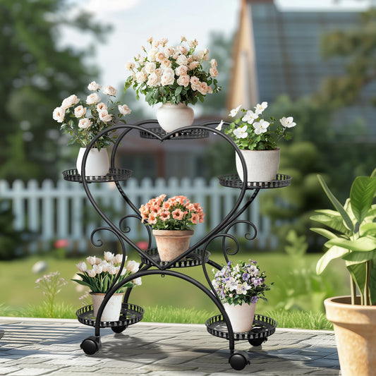 Wisfor 6 Tier Black Metal Heart Shape Plant Stand With Wheels