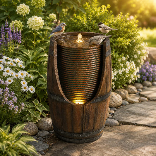Rustic Resin Outdoor Barrel Water Fountain With Lights