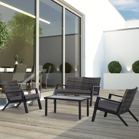 4Pc Outdoor Wicker Patio Furniture Set, Pe Rattan Sofa, 2 Chairs, Table, Black