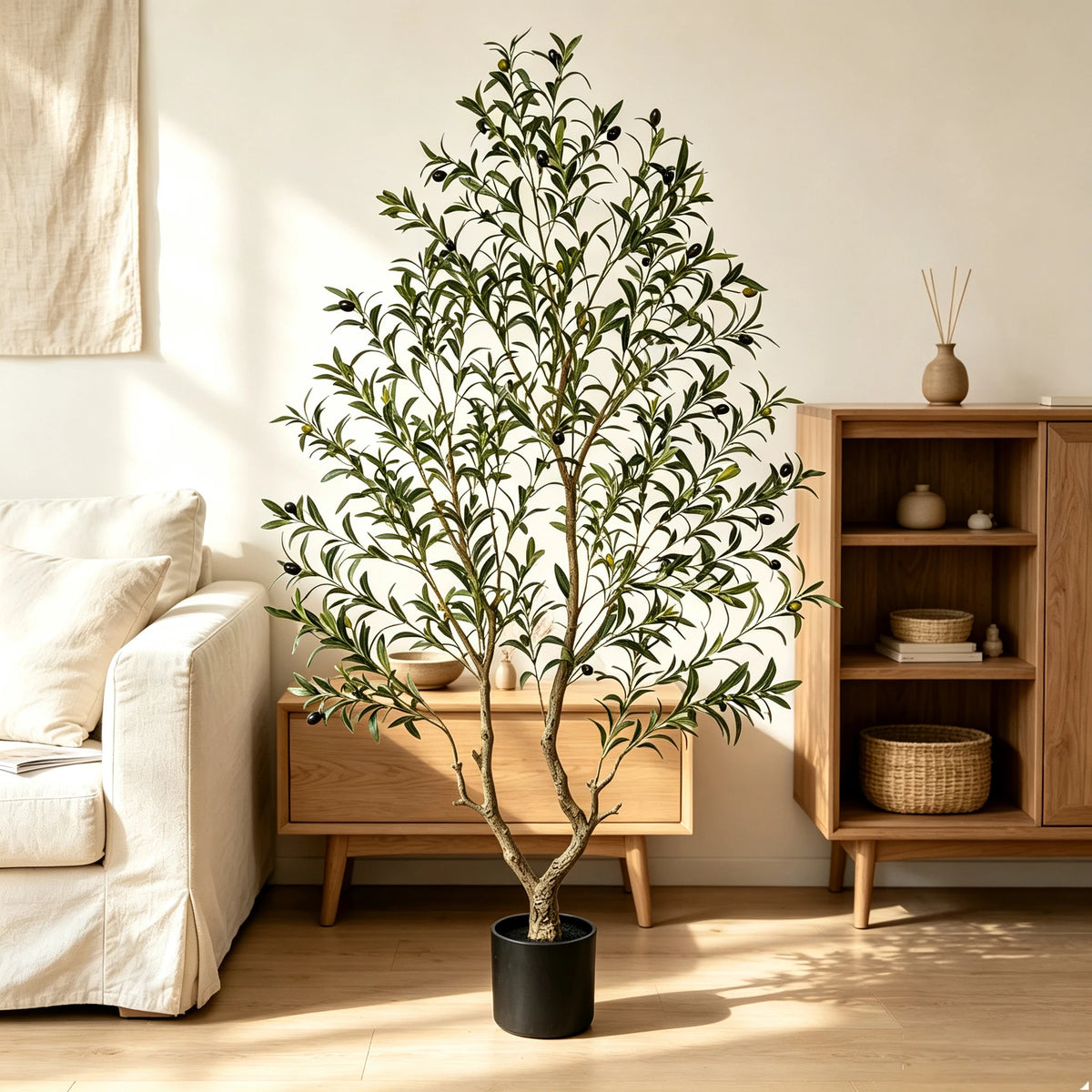 5/6/7/8FT Olive Tree Artificial Indoor Faux Olive Tree in Black Pot Fluffy Artificial Plants with Natural Wood Trunk and PE Lifelike Fruits for Home Bedroom Office Decor