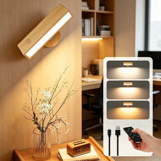 Solid Beech Wood LED Wall Lamp With Remote 3 Color Modes
