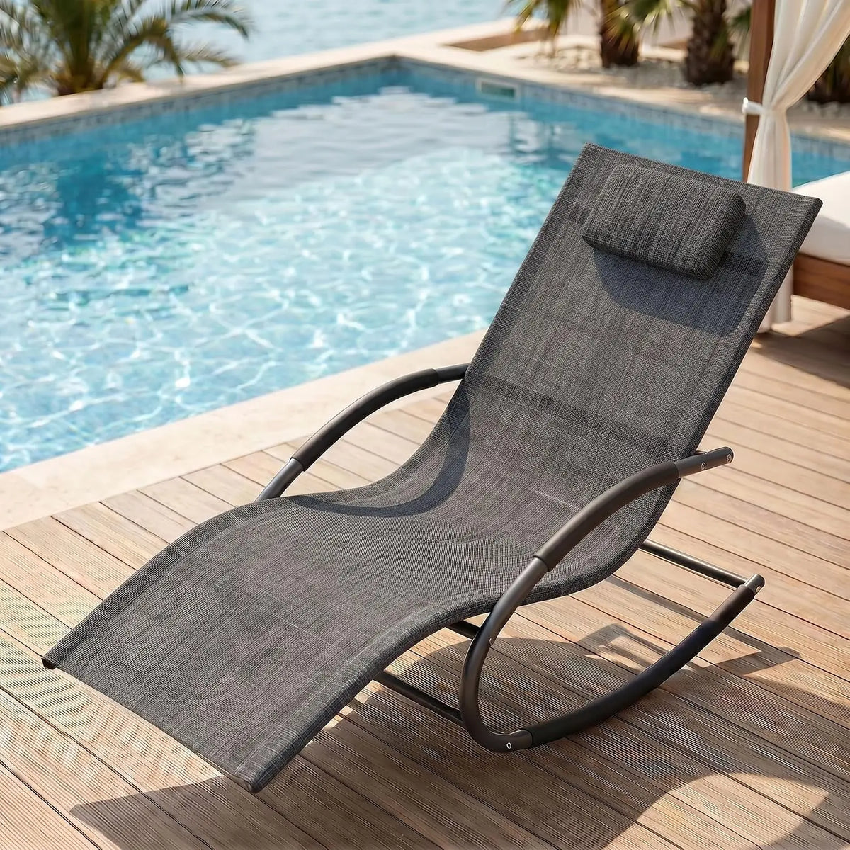 Outdoor Rocking Lounge Chair With Detachable Pillow, Patio Reclining Chaise Chair With Cushion For Porch Garden Lawn Deck Poolside