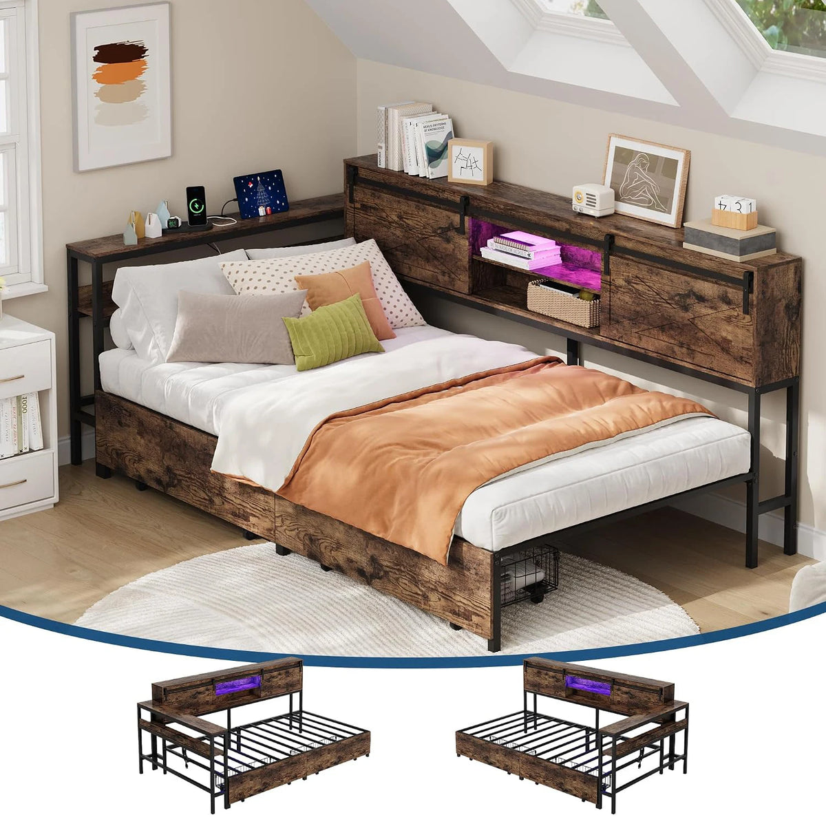 HiMISS Corner Bed Frame With Desk And LED Lights