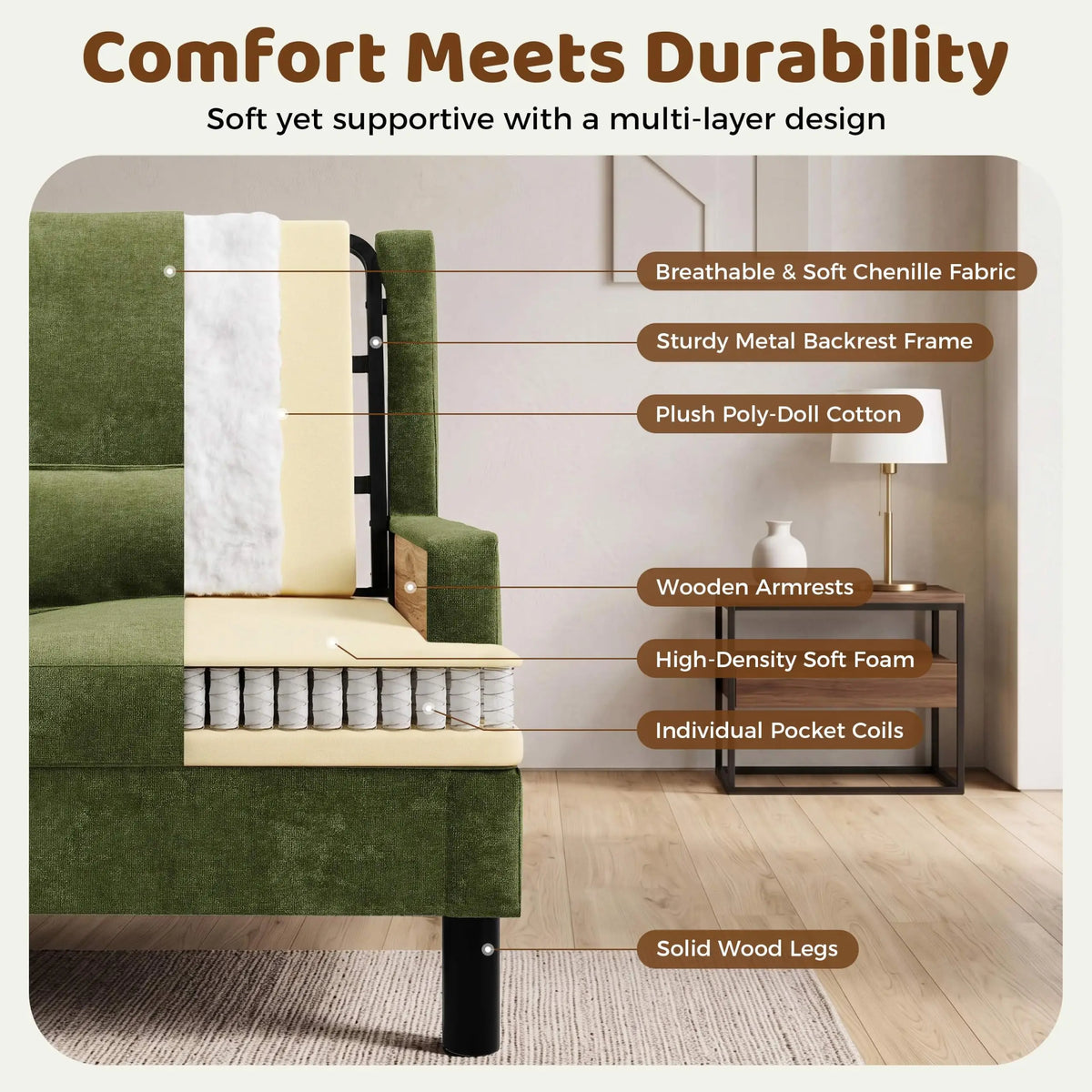 Mid Century Modern Wingback Accent Chair, Upholstered Chenille Reading Armchair With Lumbar Pillow, High Back, Wood Legs For Living Room