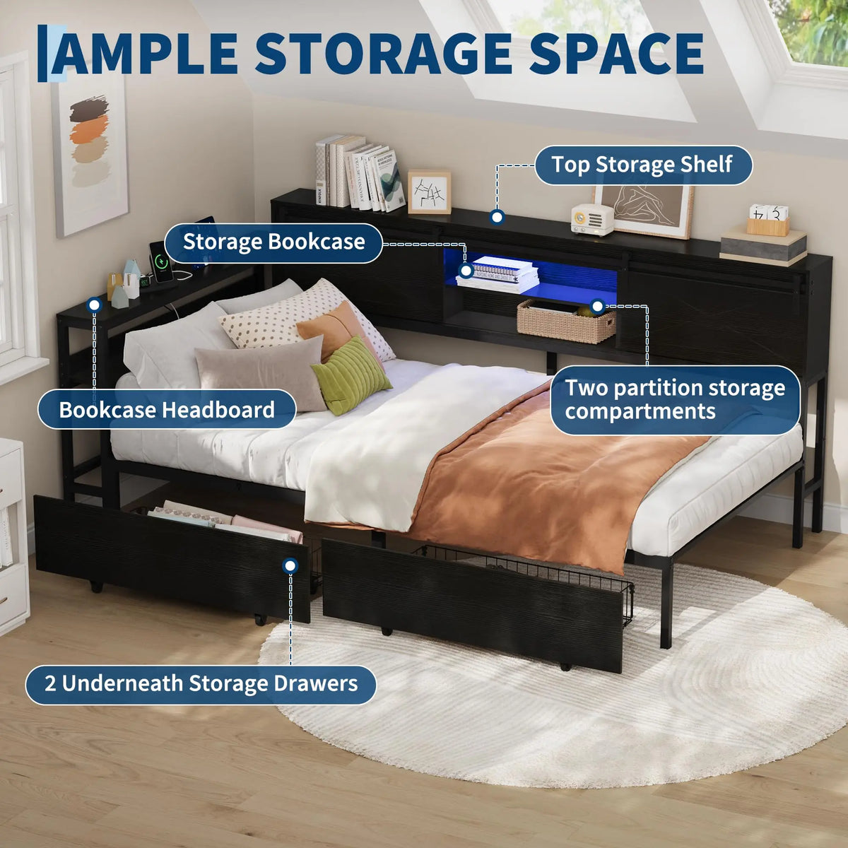 HiMISS Corner Bed Frame With Desk And LED Lights