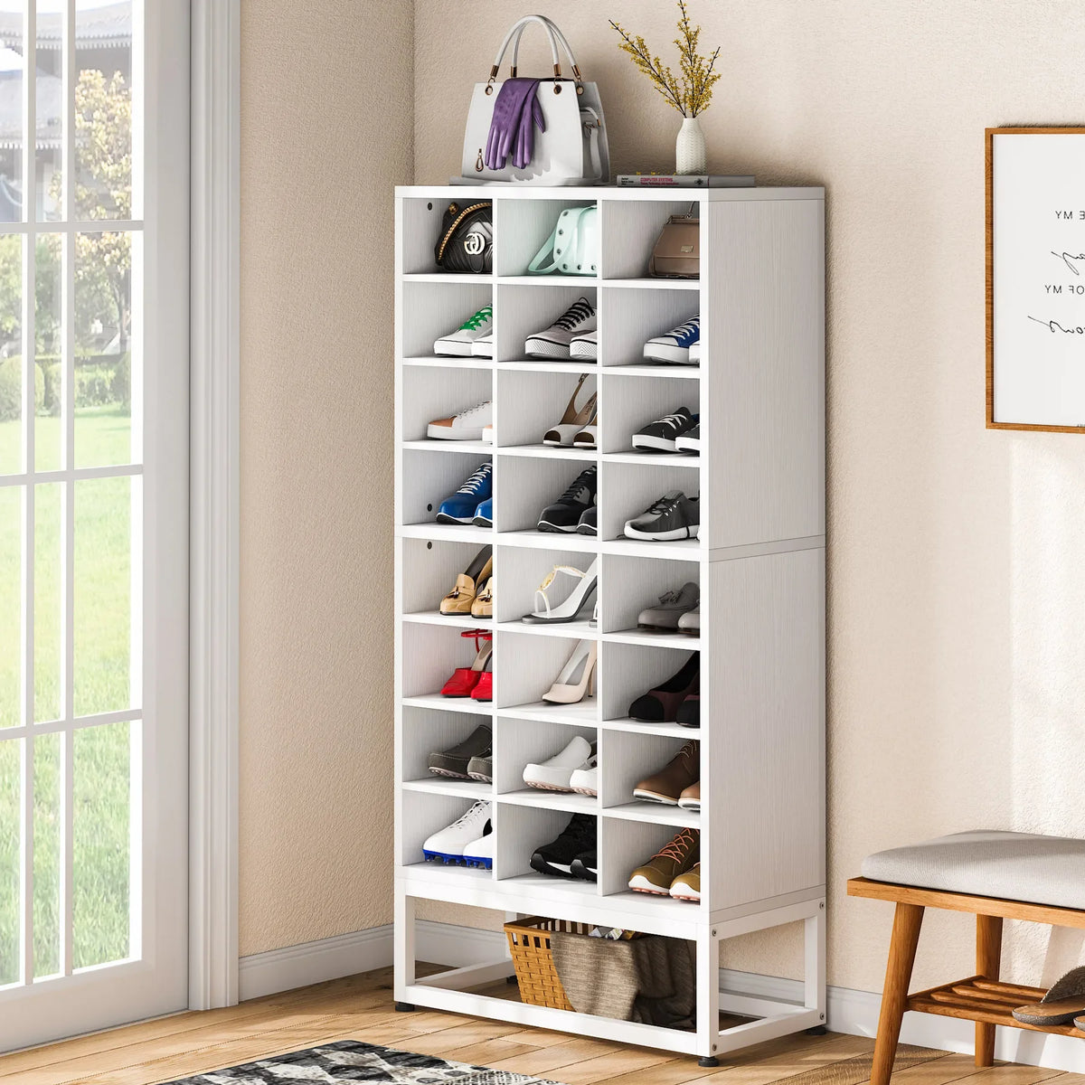 Tribesigns Wooden Shoe Cabinet 8-Tier Display Shelf Rack Stand White Wood Cube Shelf