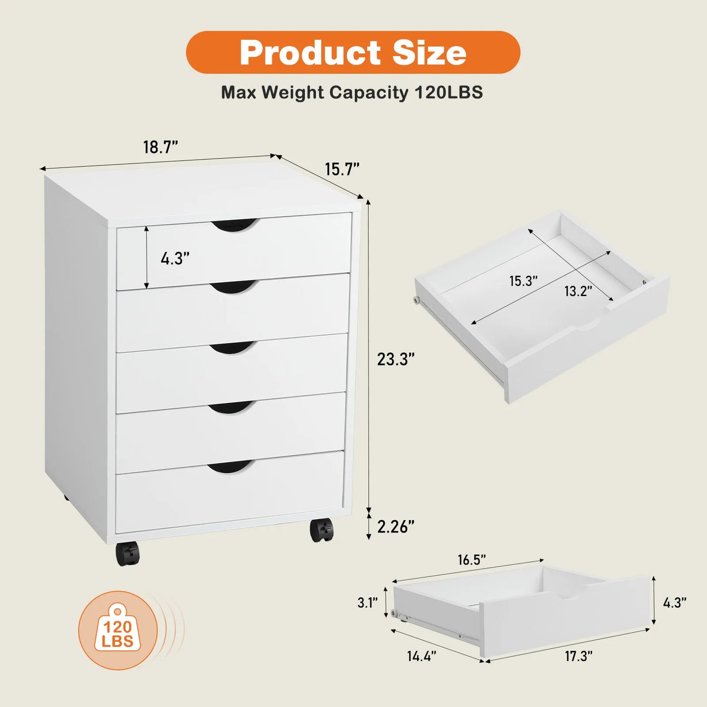 JHK Five Drawer Wood Nightstand Cabinet With Wheels
