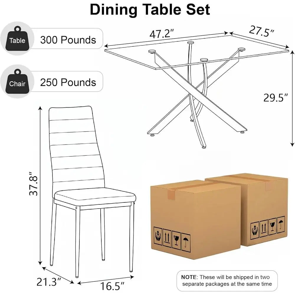 5 Piece Glass Dining Table Set or 4, ern Kitchen Table and Chairs Set, Tempered Glass Table with 4 Upholstered Chairs, Space-Sav