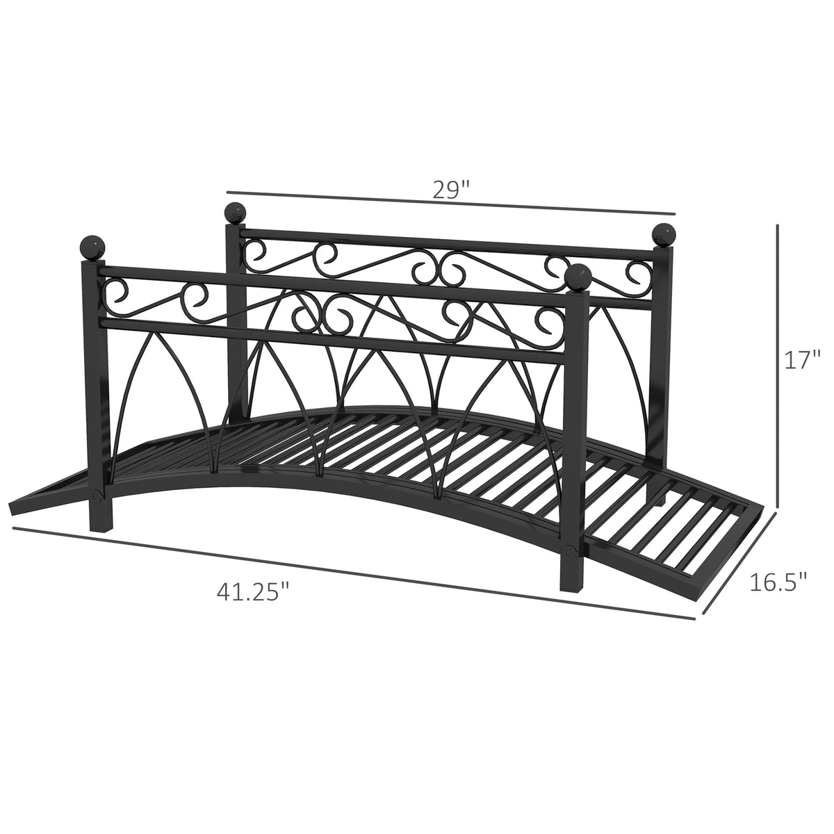 3.3' Metal Garden Bridge, Safety Railings, Spheres, Scrollwork for Pond, Stream