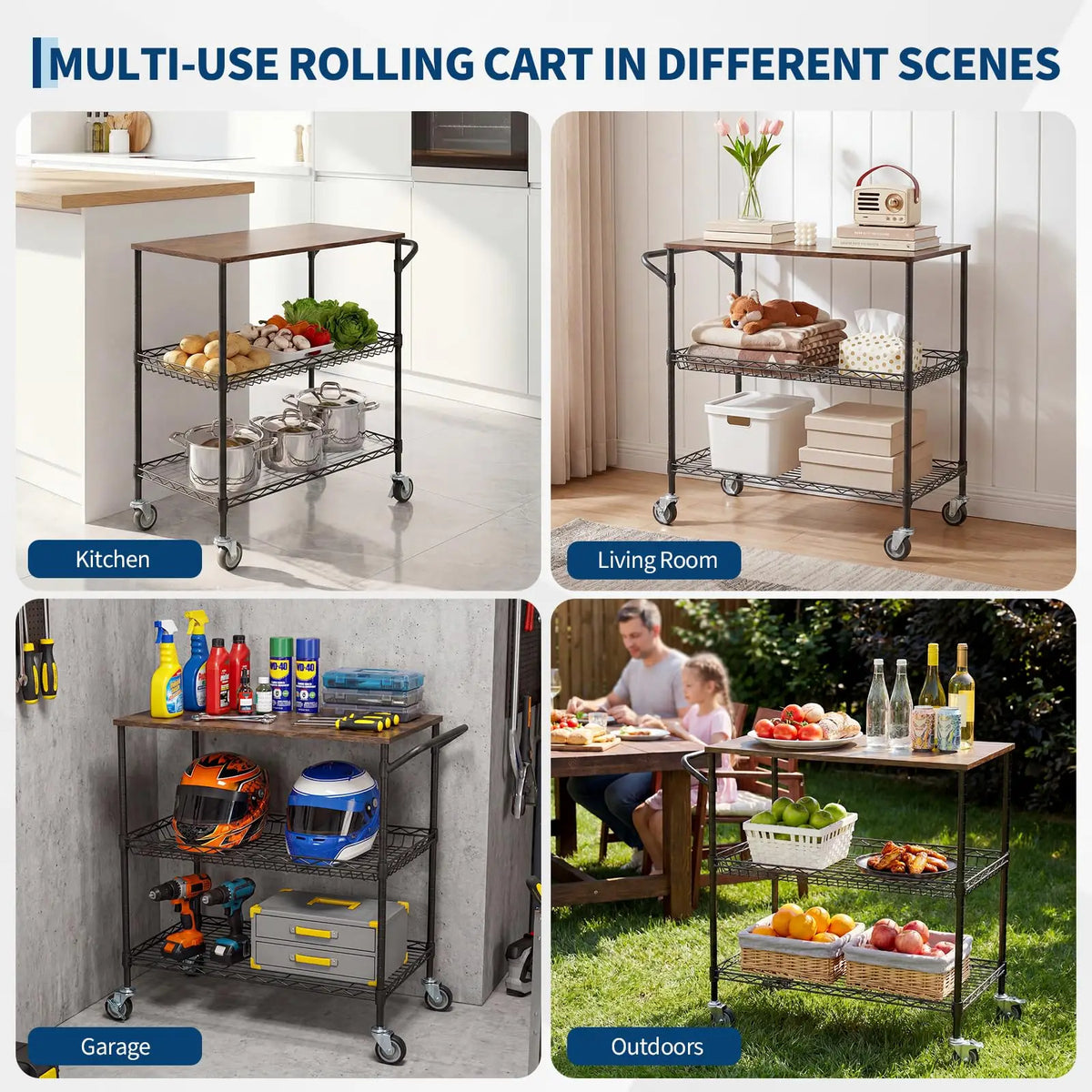 HiMISS 3-Tier Kitchen Island Cart With Locking Wheels