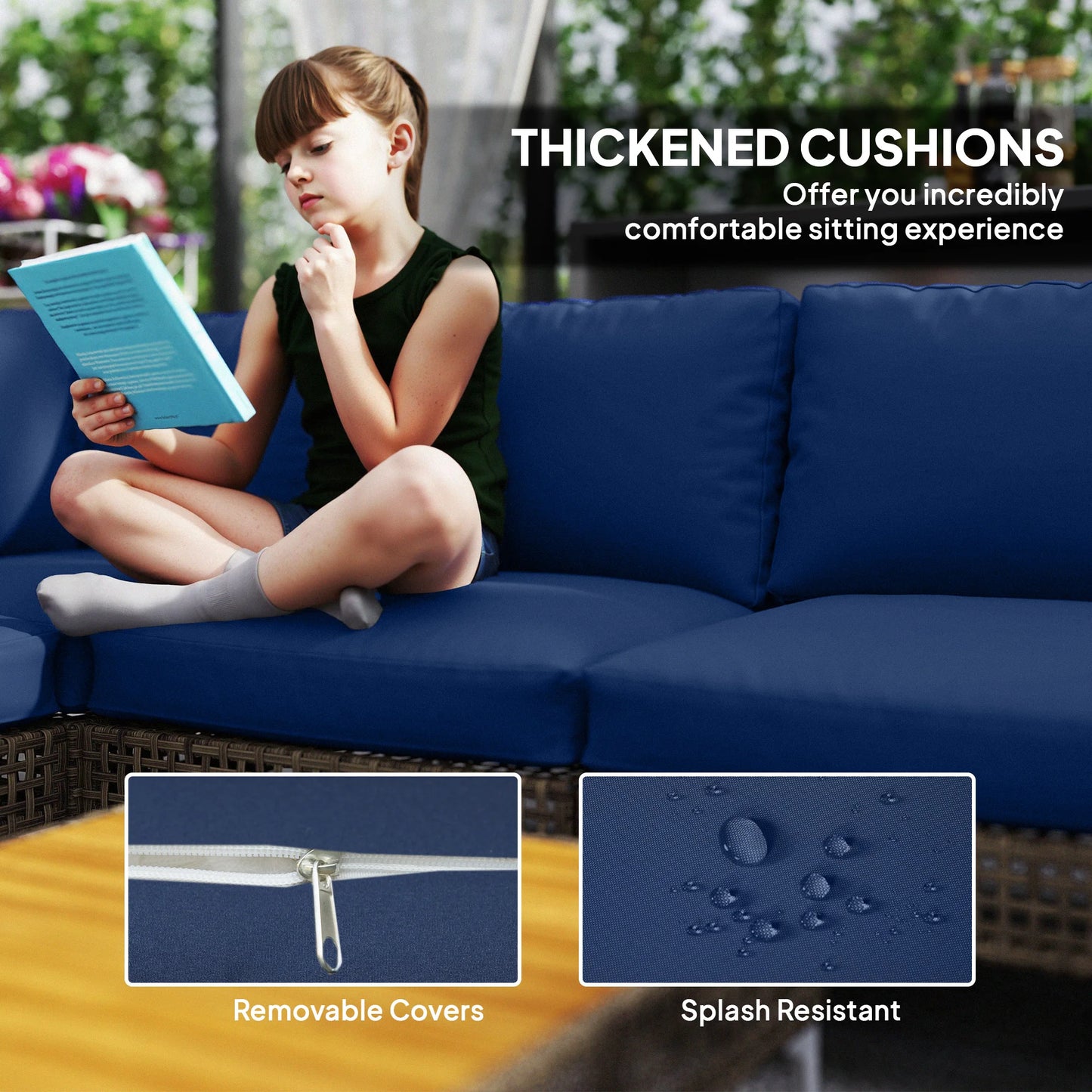 7 Piece Wicker Patio Furniture Set, Modular Outdoor Sectional Conversation Set with Thickened Cushions, Acacia Wood Table, Brown/Dark Blue