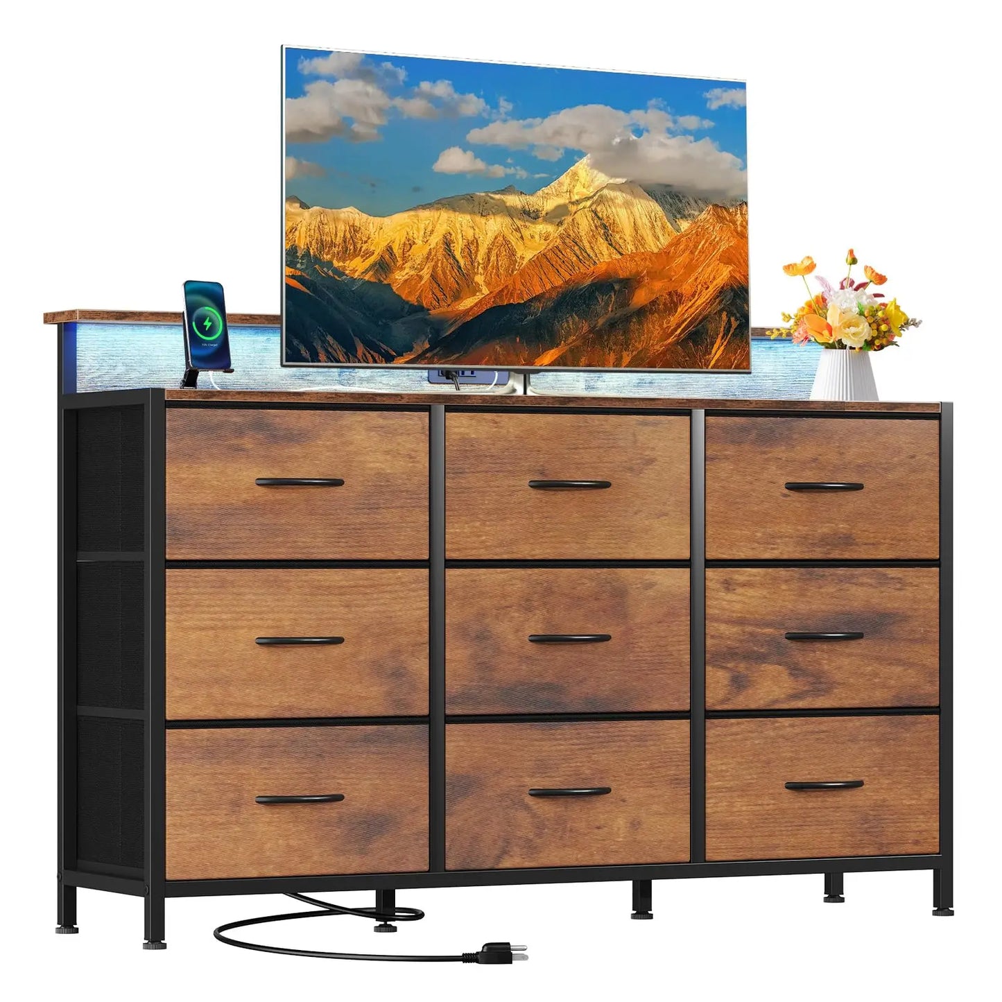 JHK TV Stand Dresser With Fabric Drawers And Wood Top