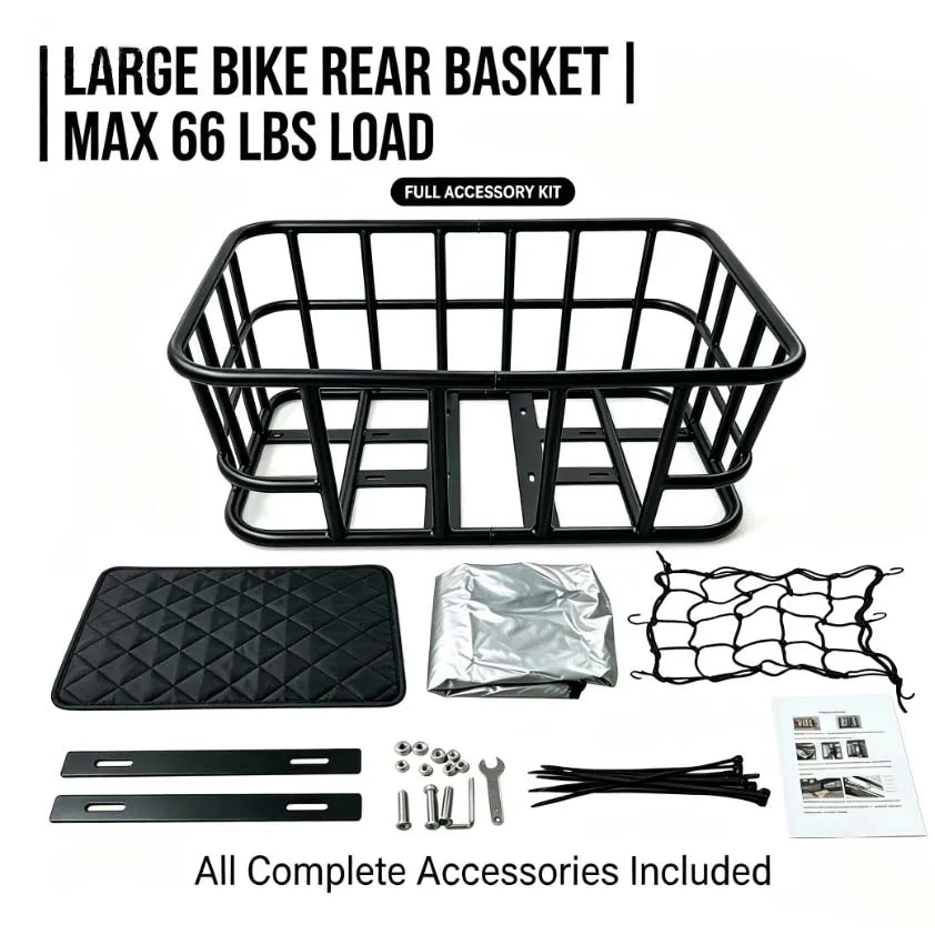 Heavy Duty Metal Bike Rear Basket With Accessory Kit