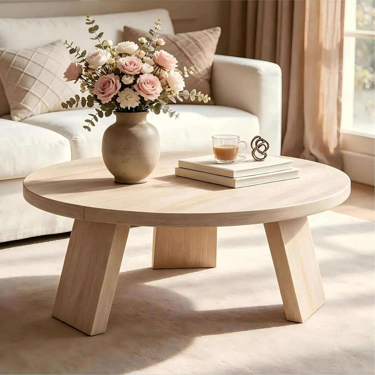 HiMiss Modern Round Coffee Table With Wood Grain Top