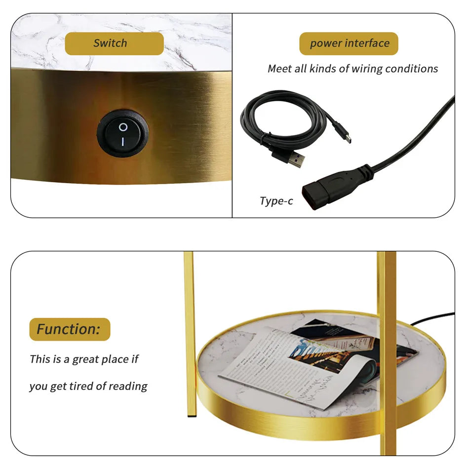 Vrygle Modern Gold 2 Tier Floor Lamp With Storage Table