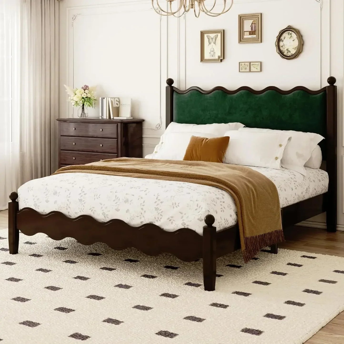 Wood Bed Frame With Vintage Wave Headboard And Foundation