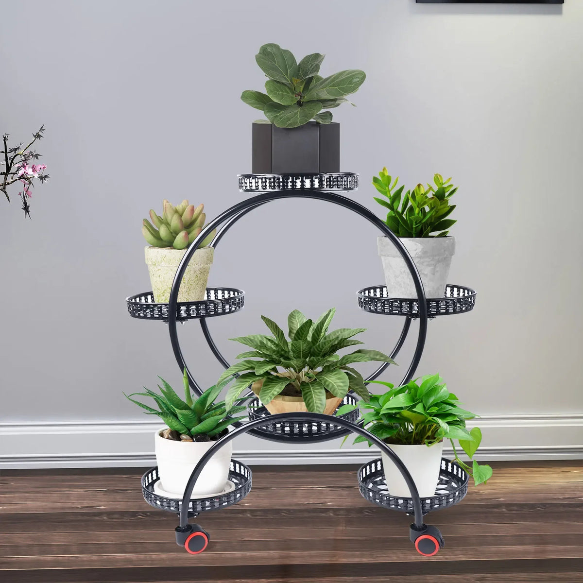 Metal Plant Stand With Wheels For 6 Pots