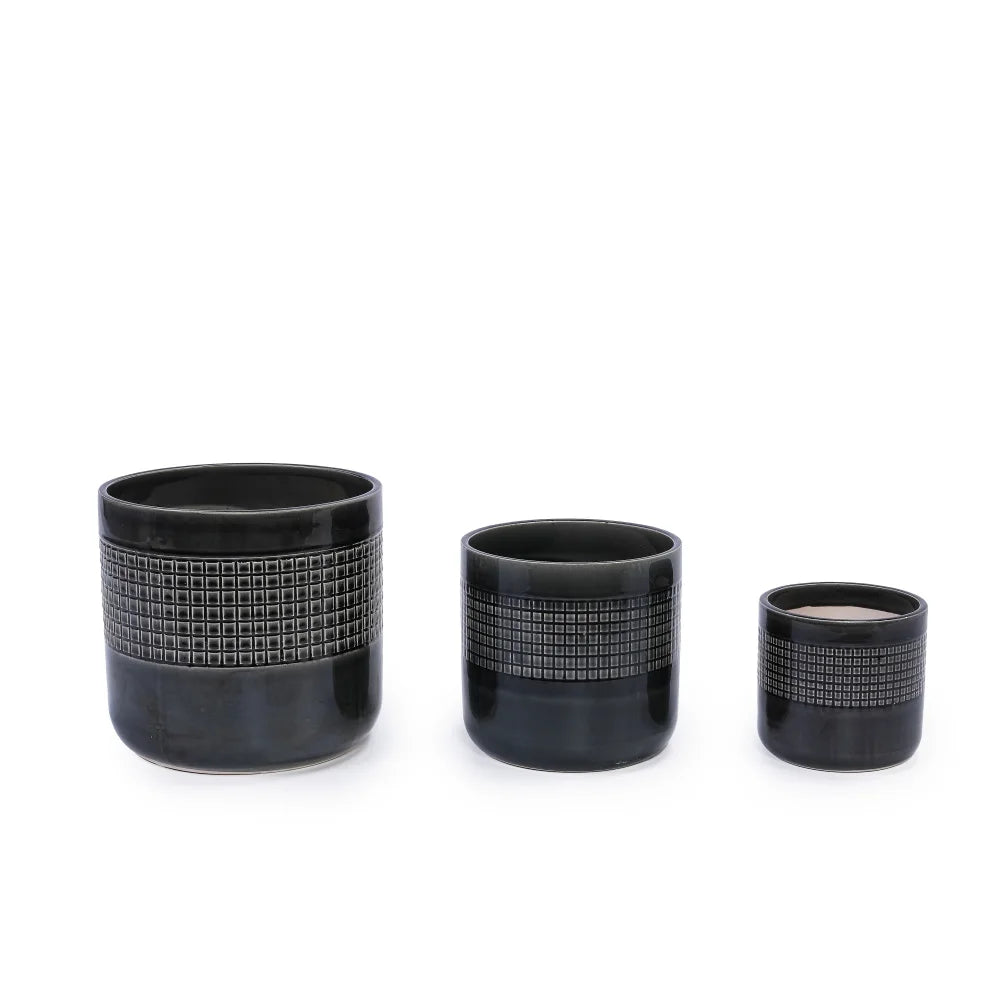 Set of 3 Handmade Black Glazed Ceramic Planters, 9/7/6 Inch Grid Pattern Plant Pots, Porous Clay with Drainage Holes, Ideal for Succulents Cacti, Indoor Outdoor Table and Shelf Decor