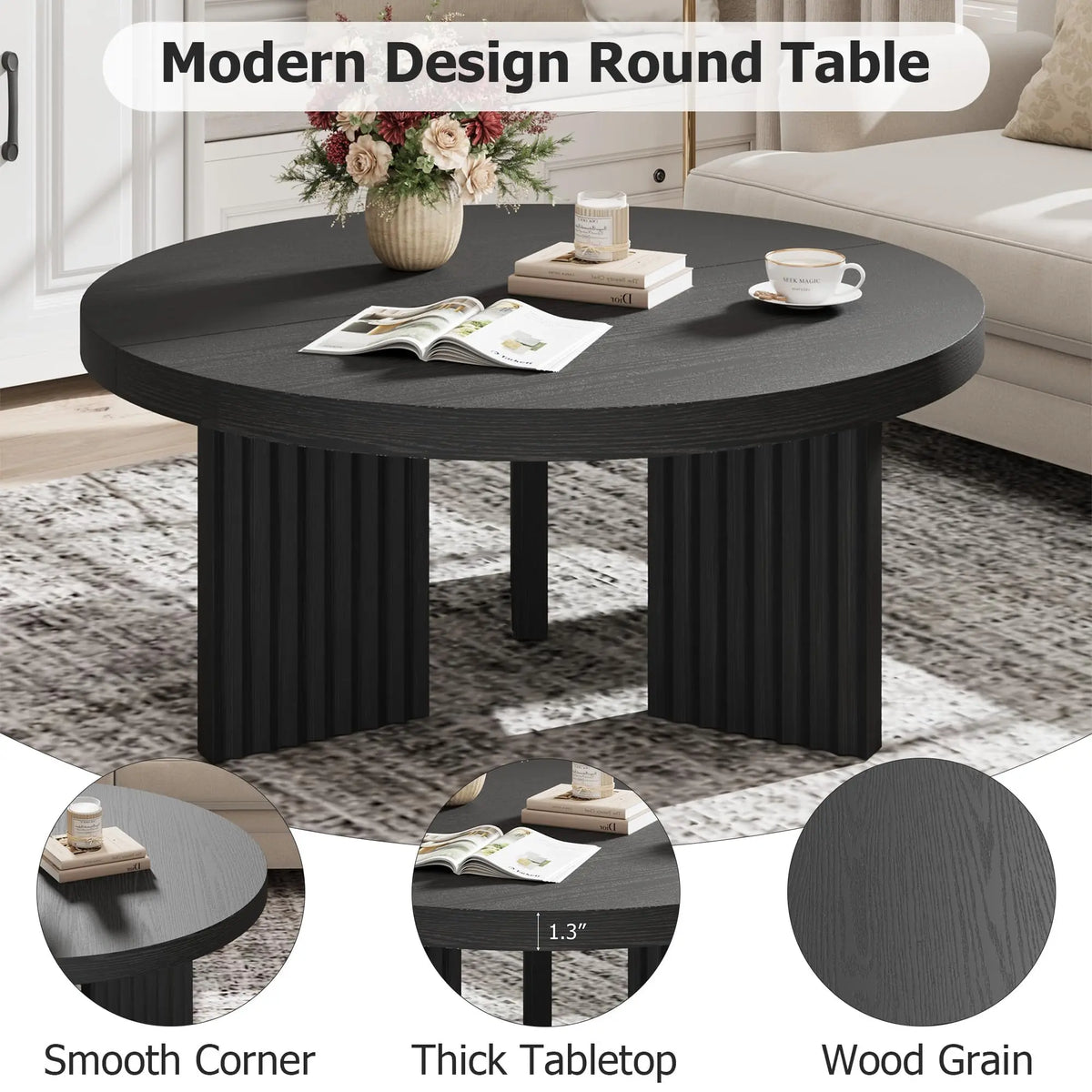 HiMISS Round Coffee Table With Fluted Legs