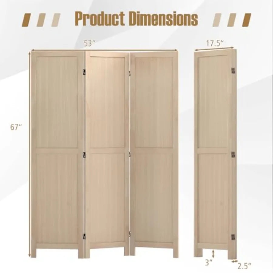 3 Panel Folding Room Divider for Bedroom Living Room Kitchen Home Office Restaurant, Rubber Wood, Natural Wood Color, Freestand