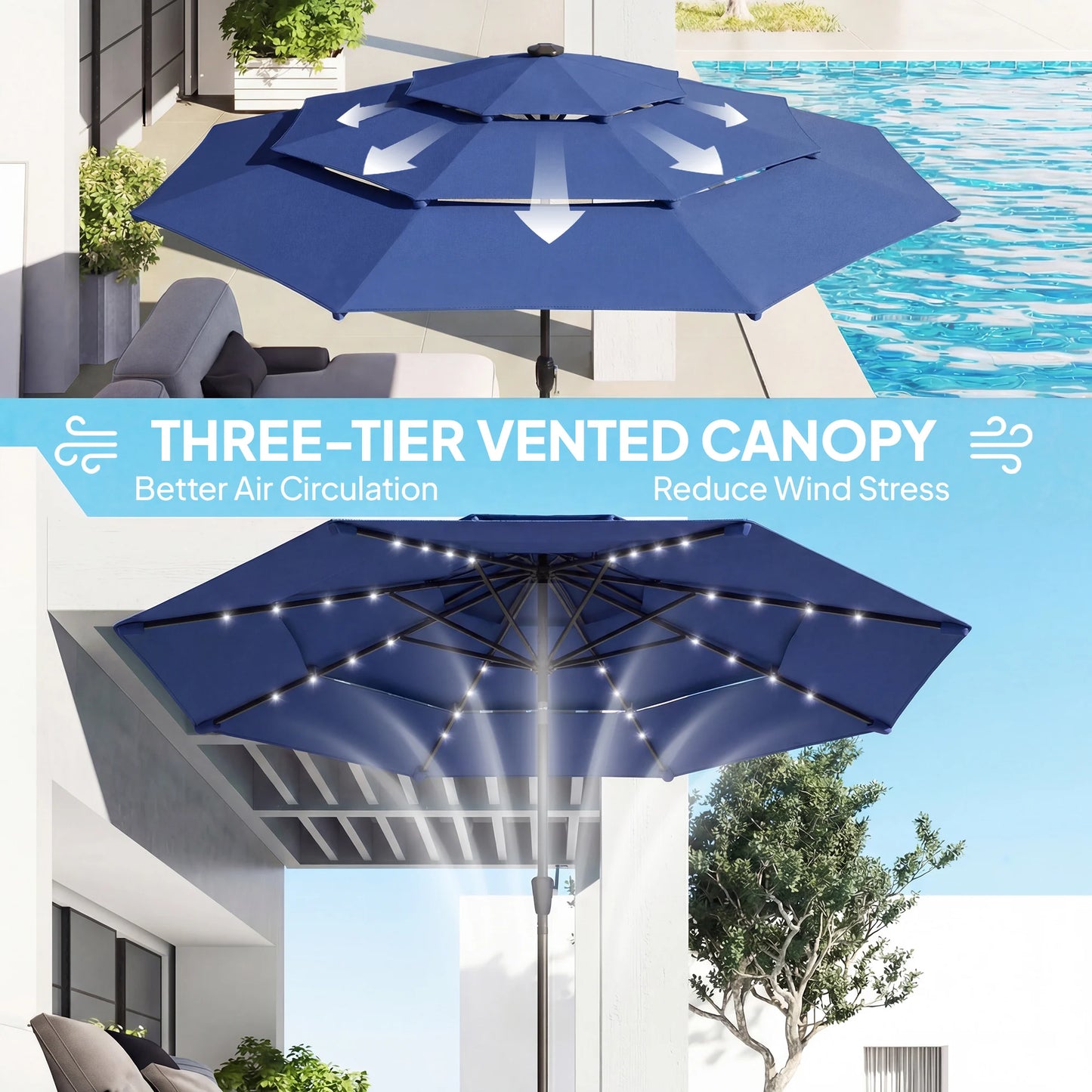 9.7 ft Outdoor Patio Umbrella with Lights, Navy Blue