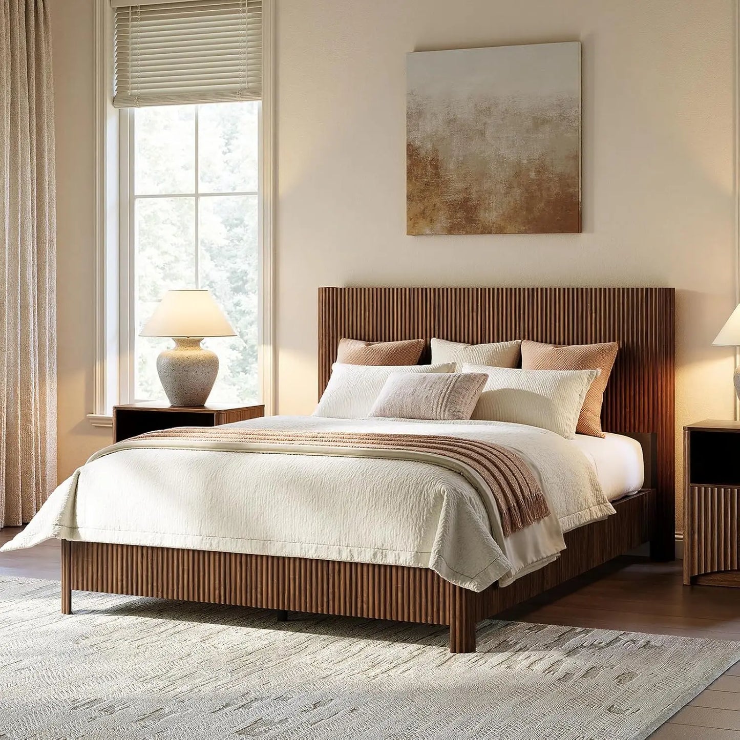 Walnut Platform Bed Frame Fluted Mid Century Modern