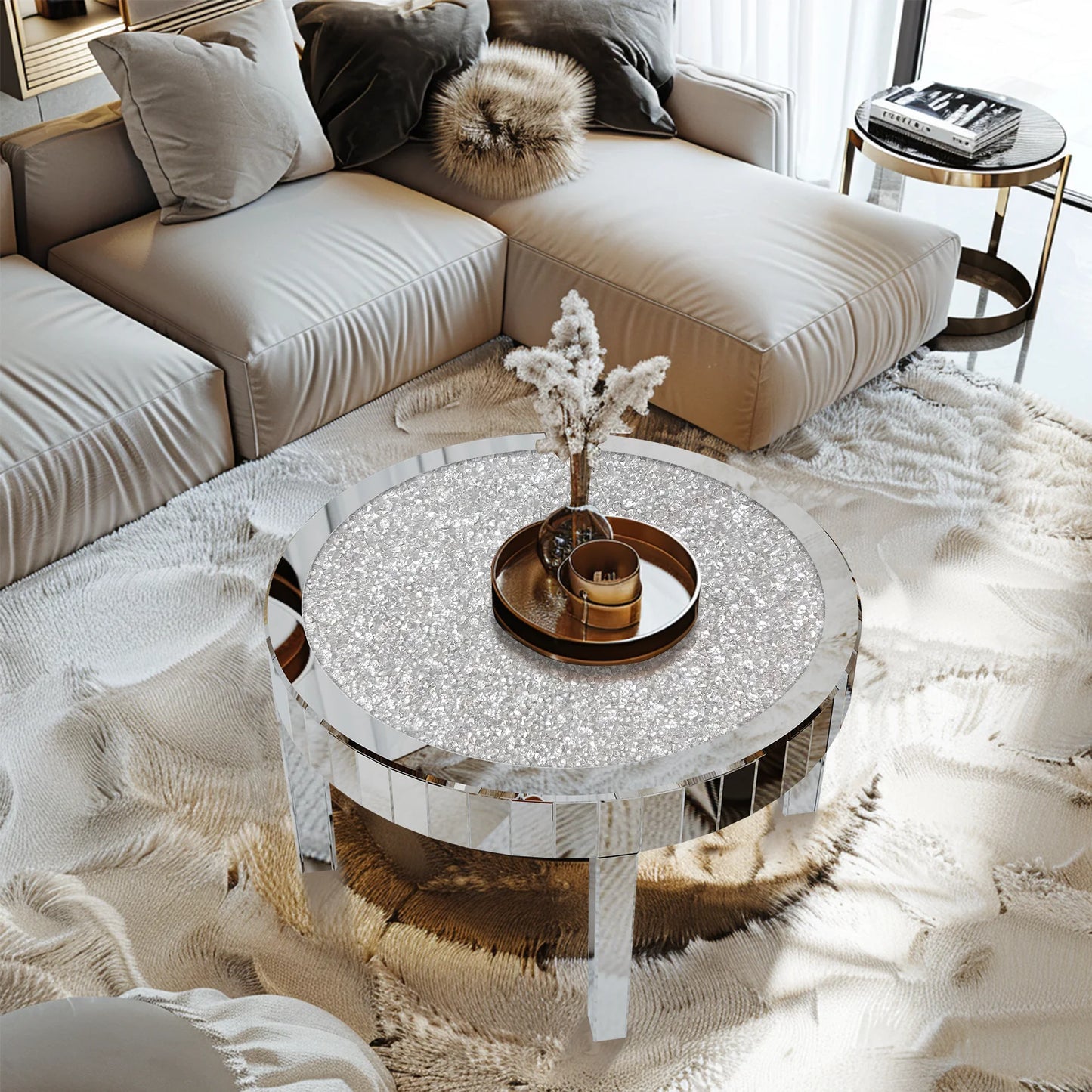 Mirrored Round Coffee Table With Crystal Inlay
