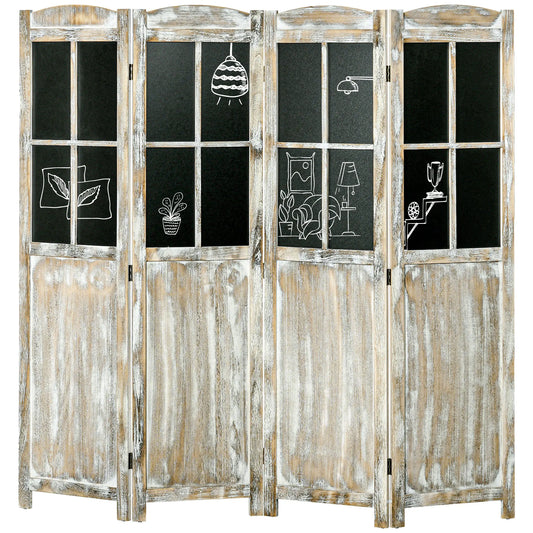 HOMCOM 4 Panel Room Divider, 5.6' Tall Farmhouse Style Folding Indoor Portable Wood Privacy Screen with Black Boards, Hinged Freestanding Partition Wall Dividers for Home Office, Natural
