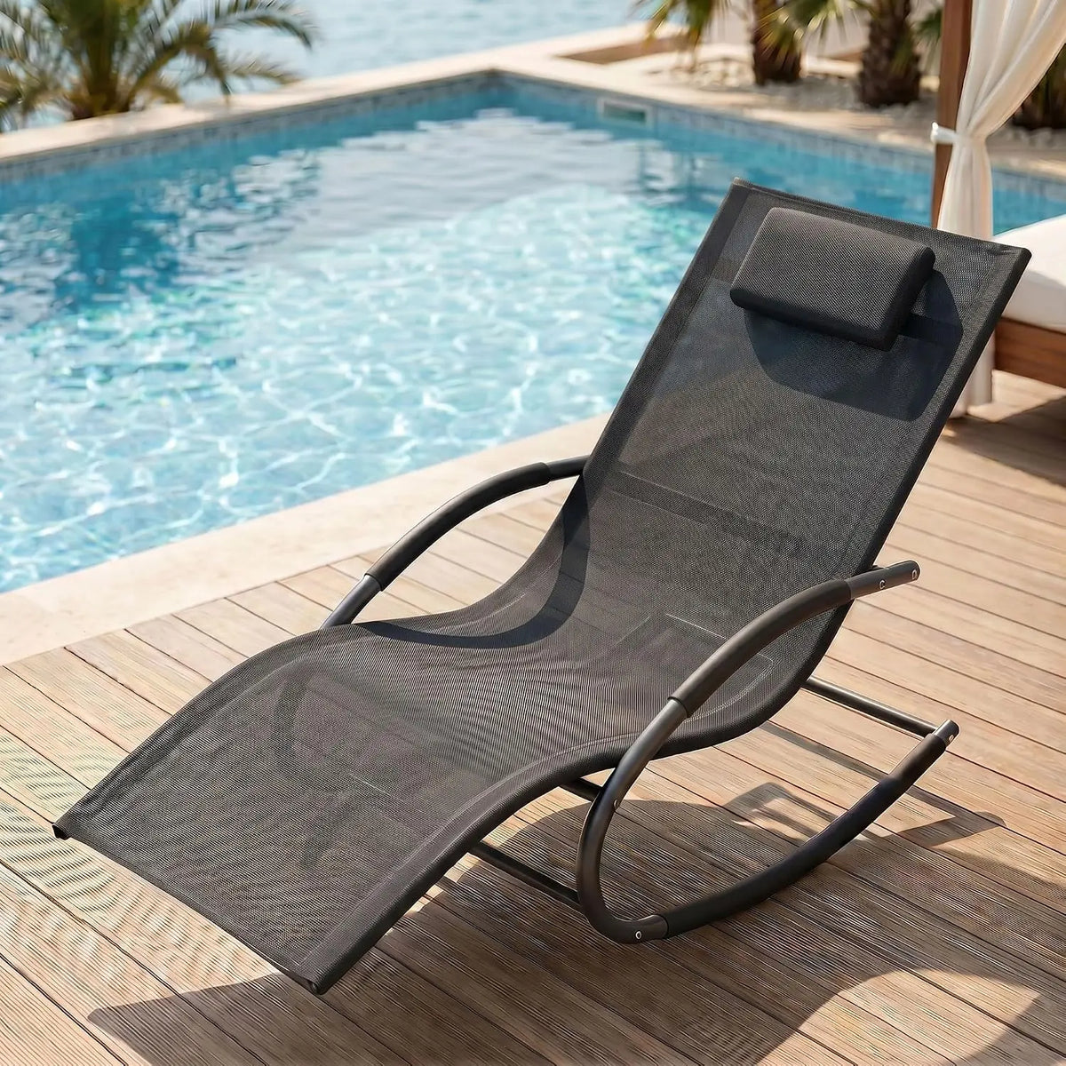Outdoor Rocking Lounge Chair With Detachable Pillow, Patio Reclining Chaise Chair With Cushion For Porch Garden Lawn Deck Poolside
